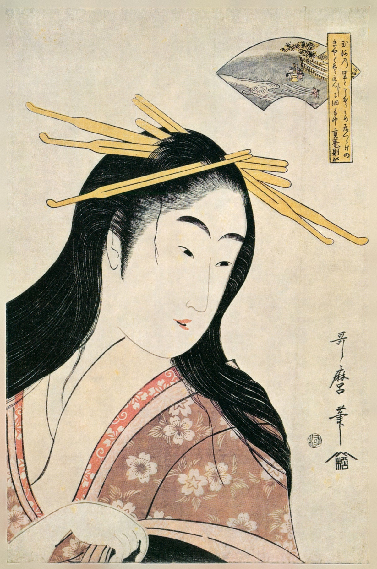 Chofu Jewel River, from Six Jewel Rivers by Kitagawa Utamaro — A woman with unbound hair and gold pins holds a strip of cloth