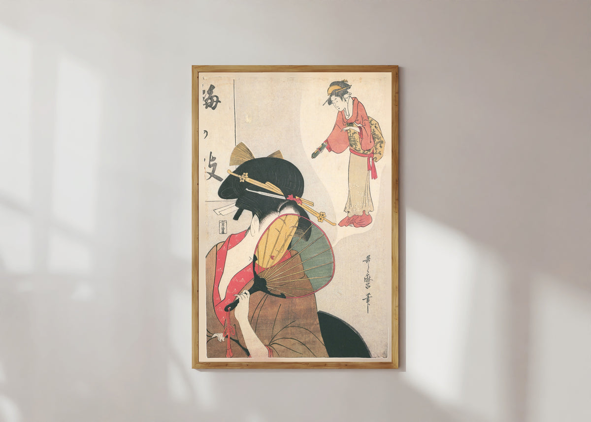 Framed art print of Dreaming Beauty (Umegae) by Kitagawa Utamaro, in a light wood frame on a sunlit white wall