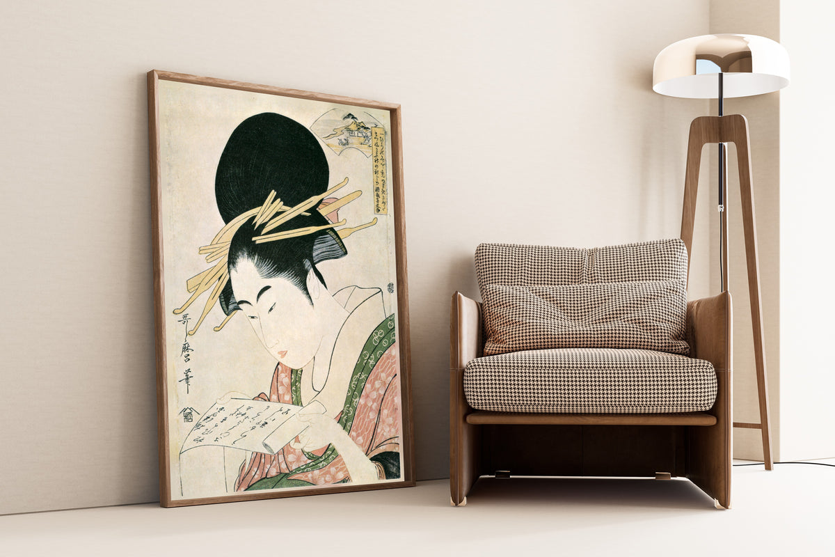 Kinuta Jewel River, from Six Jewel Rivers by Kitagawa Utamaro — shown framed on a wall