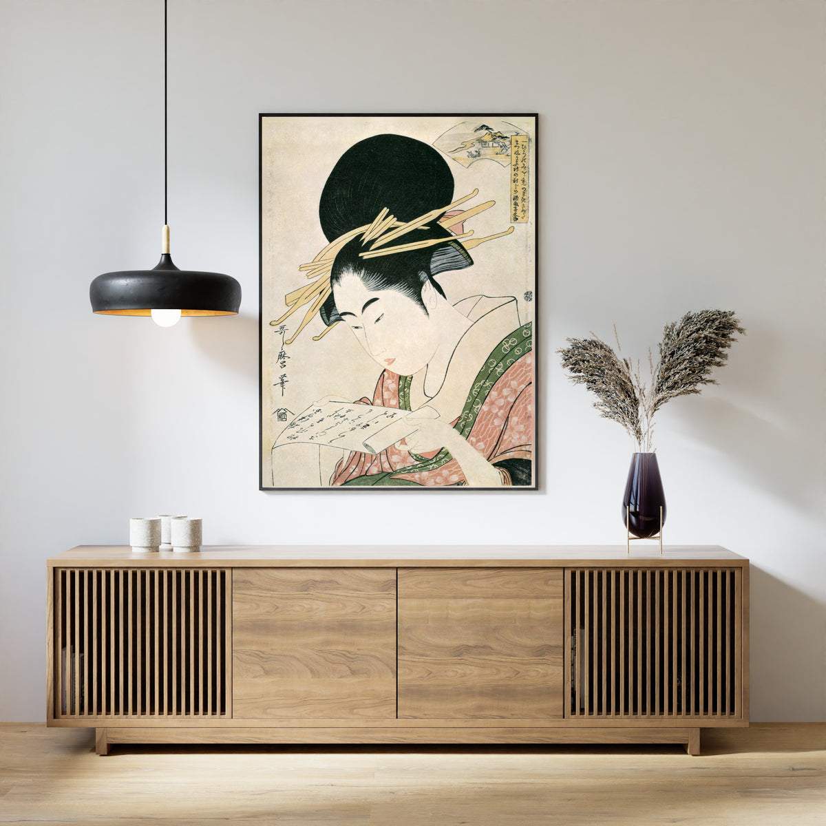 Kinuta Jewel River, from Six Jewel Rivers by Kitagawa Utamaro — shown framed on a wall