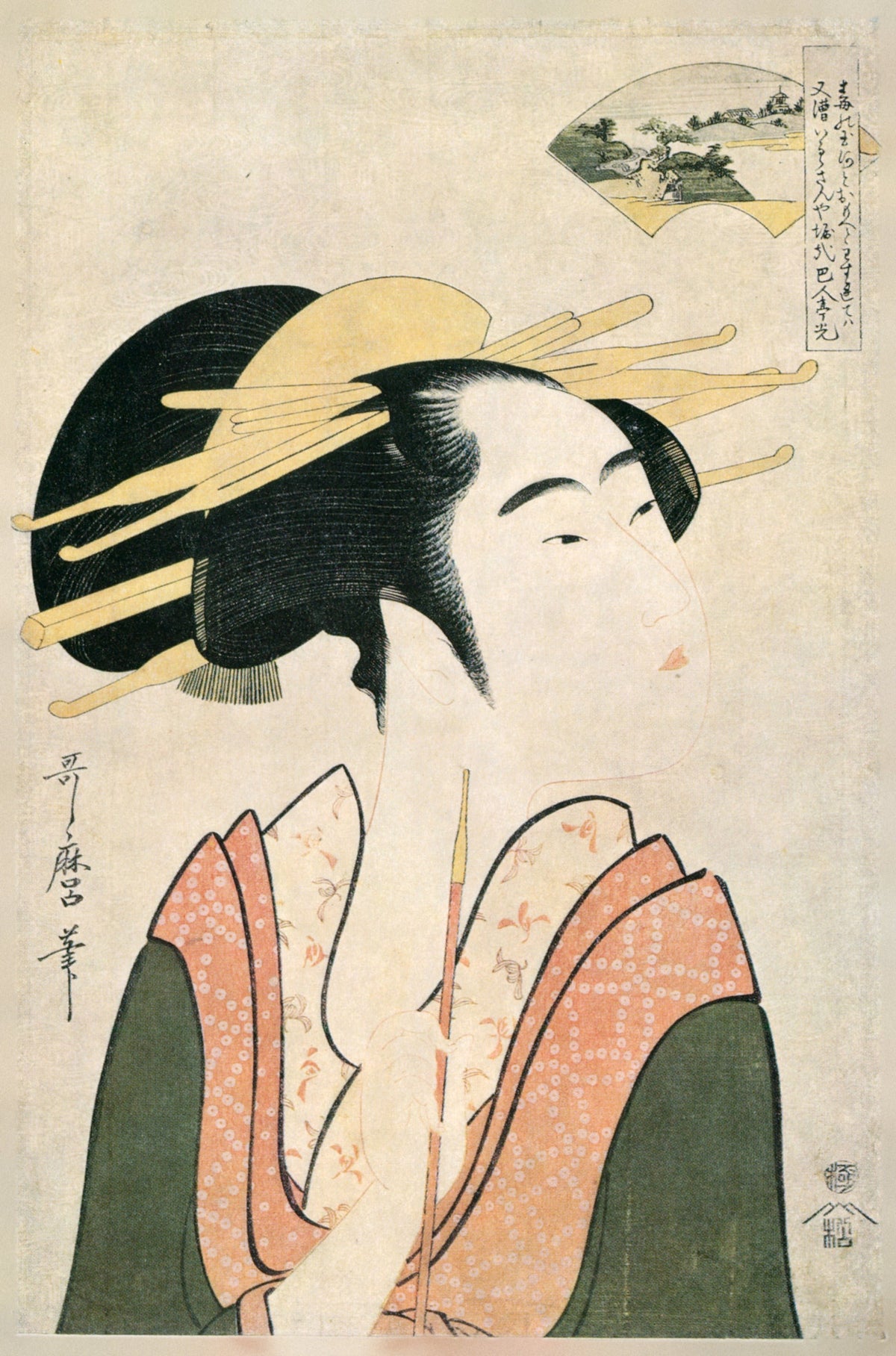 Koya Jewel River by Kitagawa Utamaro — A woman holds a long pipe beside a fan-shaped river landscape