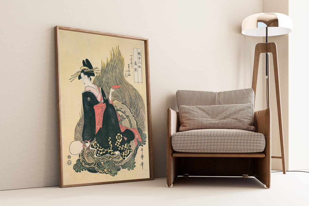 Mimasuyama of Chojiya as Lu Ao, from Eight Immortals in the Art of Love by Kitagawa Utamaro — shown framed on a wall