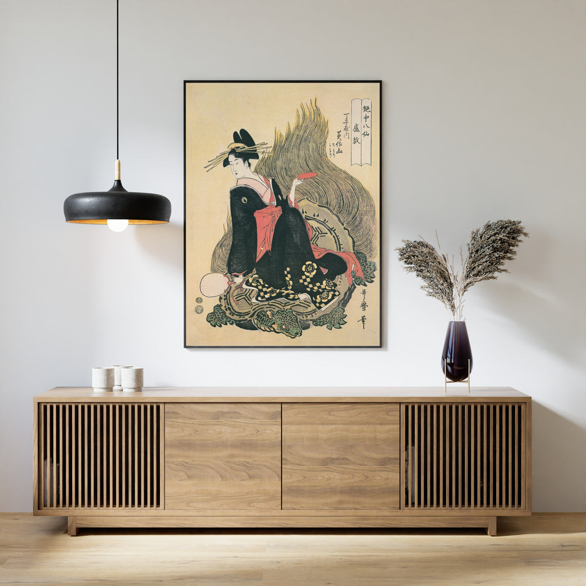 Mimasuyama of Chojiya as Lu Ao, from Eight Immortals in the Art of Love by Kitagawa Utamaro — shown framed on a wall
