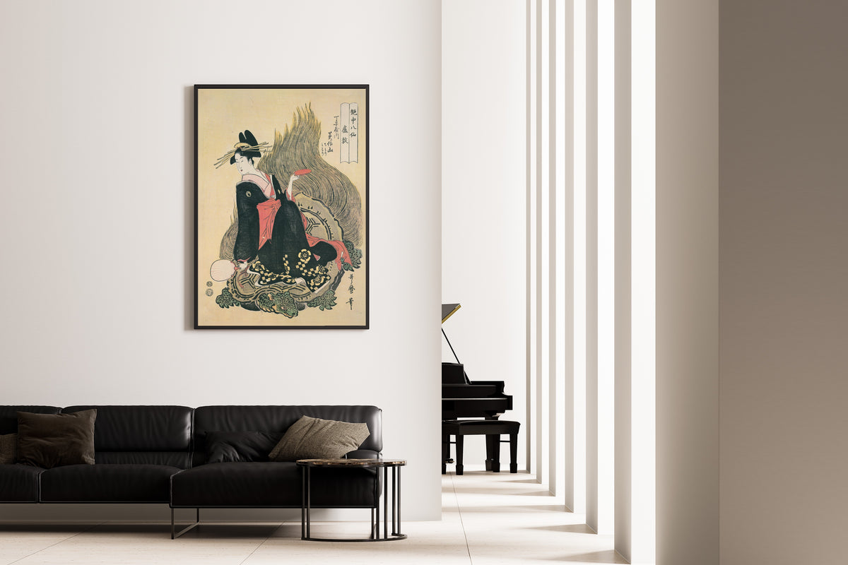 Mimasuyama of Chojiya as Lu Ao, from Eight Immortals in the Art of Love by Kitagawa Utamaro — shown framed on a wall