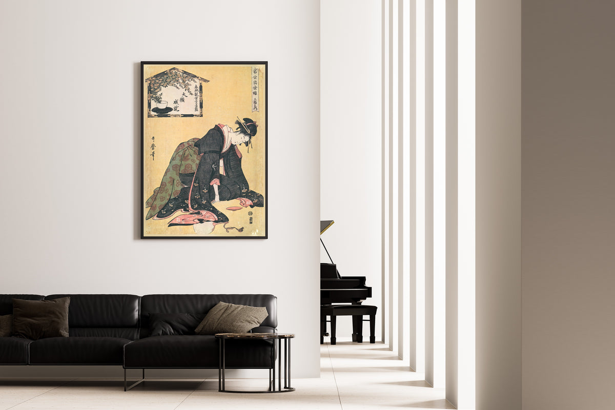 Naniwaya Okita, from Three Successful Girls of the Present Day (Kneeling) by Kitagawa Utamaro — shown framed on a wall