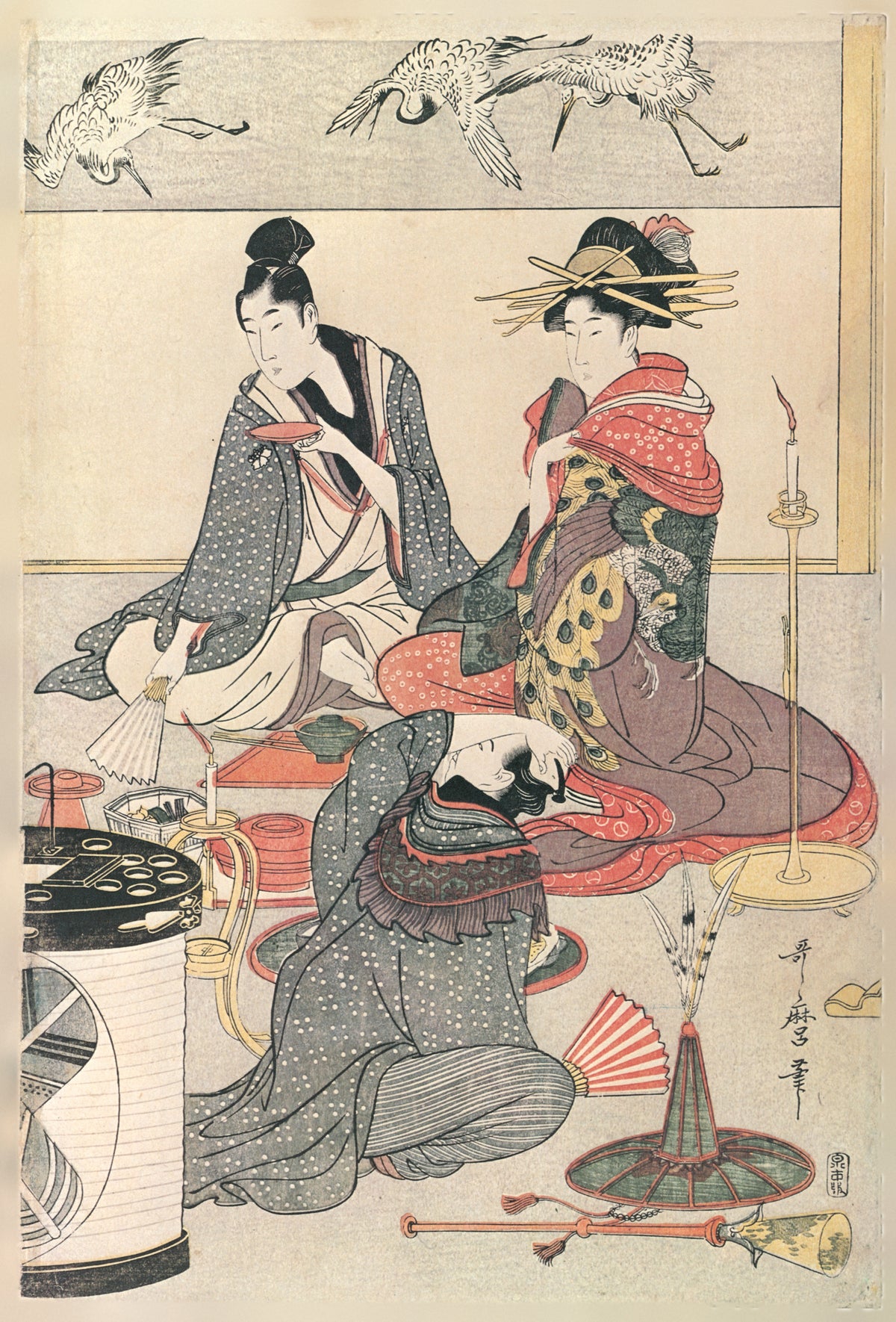 Niwaka Festival Performers at a Teahouse (centre sheet) by Kitagawa Utamaro — Teahouse guests gather beneath a band of flying cranes