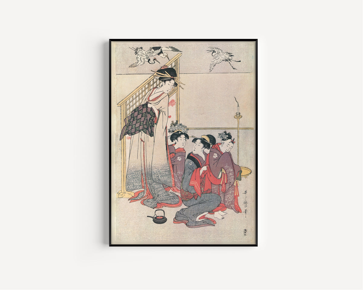 Niwaka Festival Performers at a Teahouse (Right Sheet) by Kitagawa Utamaro — shown framed on a wall