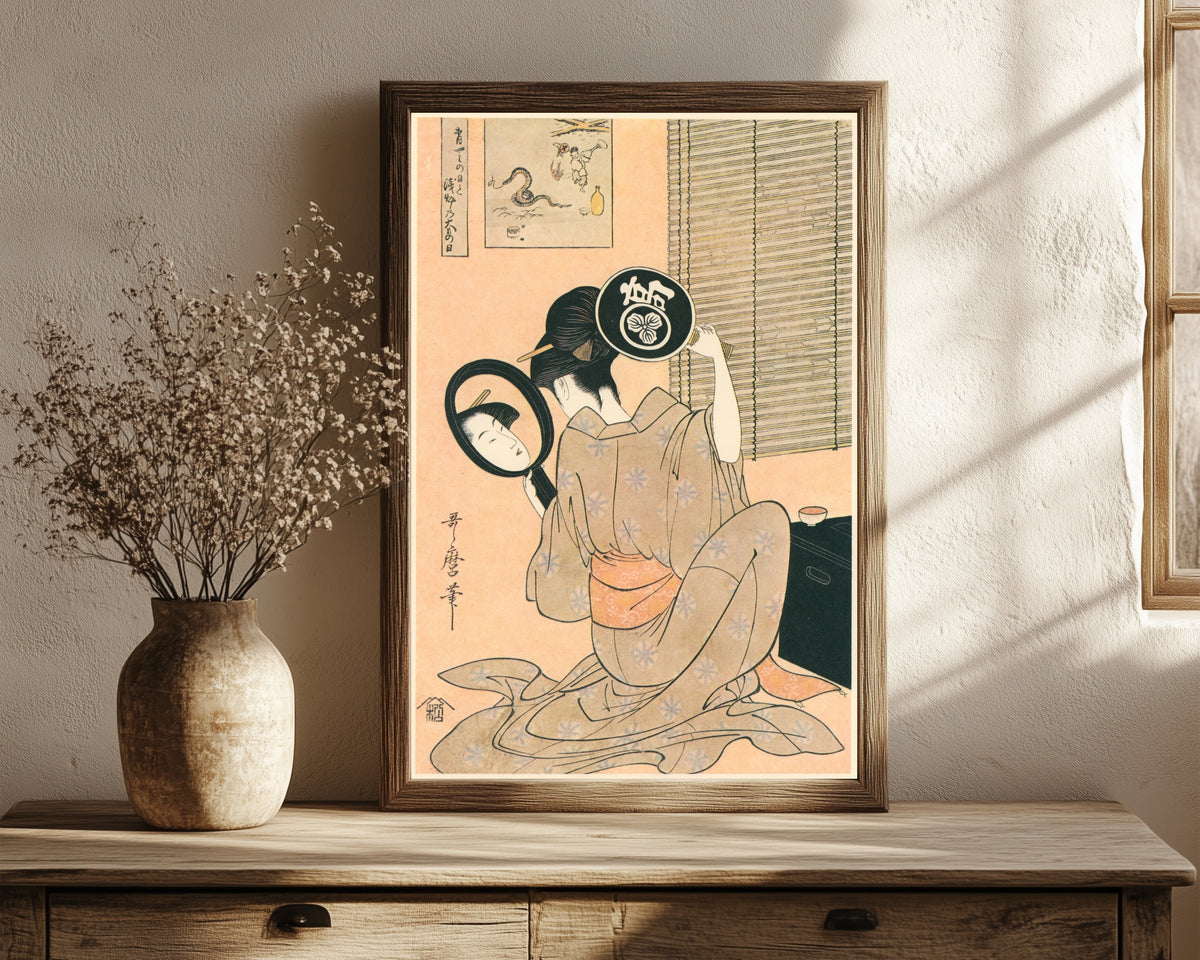 Framed art print of Ohisa of Takashimaya with Two Mirrors Set… by Kitagawa Utamaro, in a dark wood frame leaning on a rustic console beside dried flowers