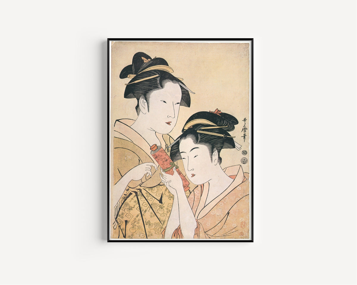 Kitagawa Utamaro — Osen of the Kagiya Giving a Scroll to Takashima Ohisa | Japanese Woodblock Print (Ukiyo-e) - 9ArtPrints