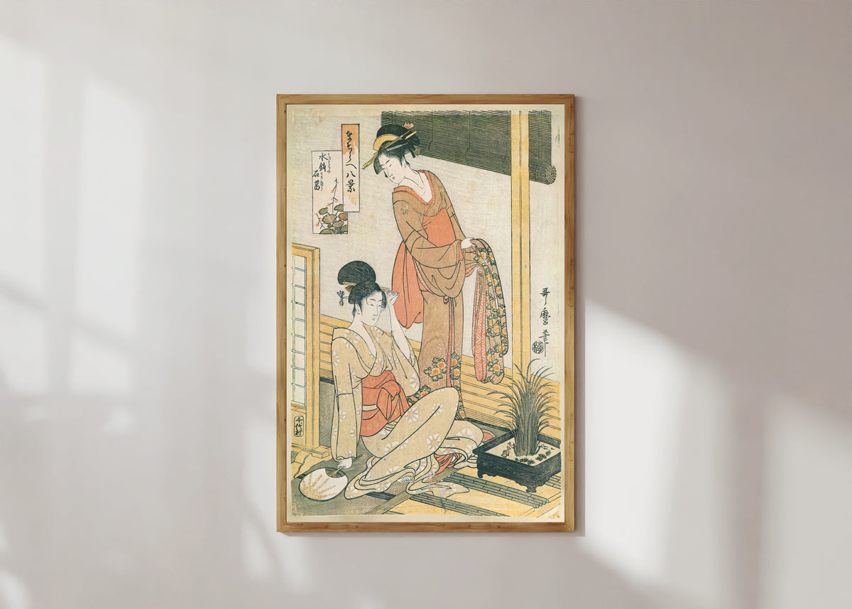Framed art print of Sweet Flag in a Water Basin, from Eight Parody Views by Kitagawa Utamaro, in a light wood frame on a sunlit white wall