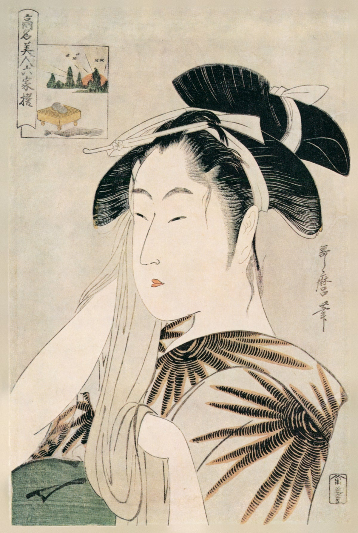 The Widow of Asahiya, from Six Famous Beauties by Kitagawa Utamaro — A bust portrait of a woman with an elaborate black coiffure