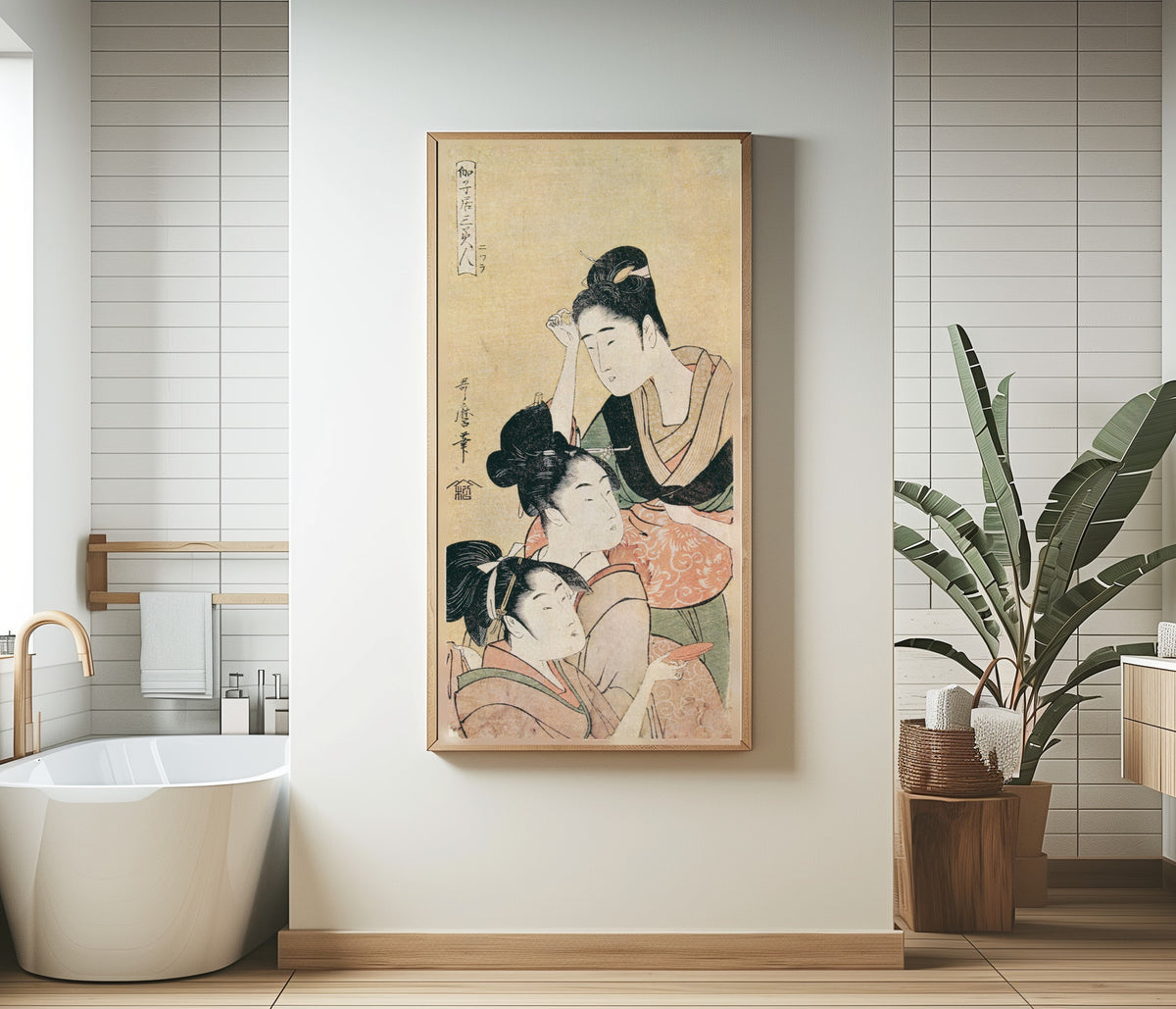 Three Beauties at a Playhouse by Kitagawa Utamaro — shown framed on a wall