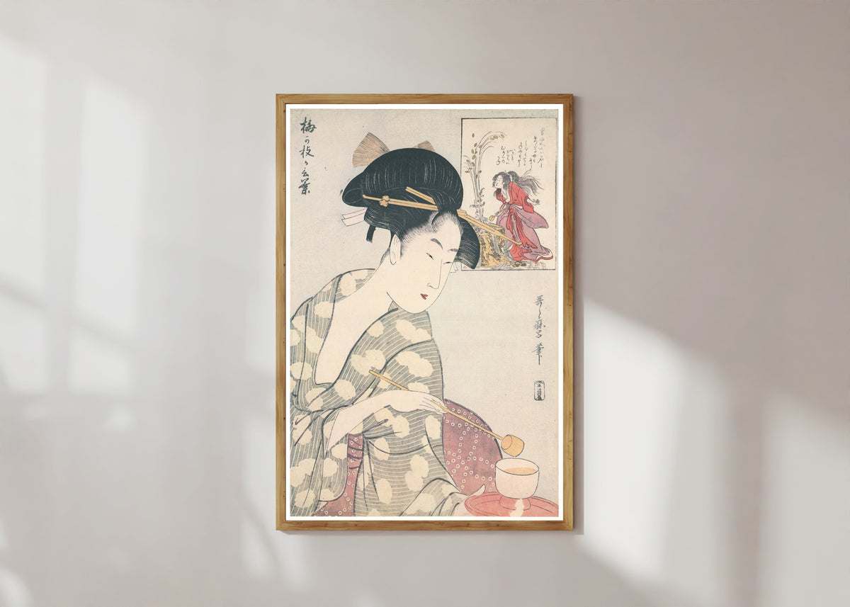 Framed art print of Umegae's Words by Kitagawa Utamaro, in a light wood frame on a sunlit white wall