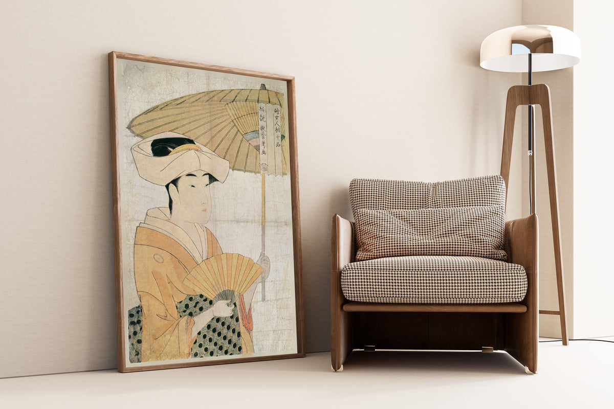Woman with Fan and Parasol, from Ten Physiognomies of Women by Kitagawa Utamaro — shown framed on a wall