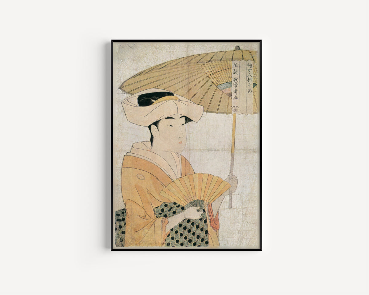 Woman with Fan and Parasol, from Ten Physiognomies of Women by Kitagawa Utamaro — shown framed on a wall