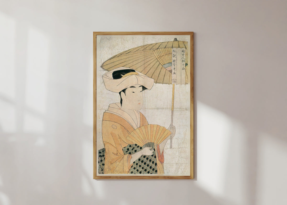 Framed art print of Woman with Fan and Parasol, from Ten Physiognomies of Women by Kitagawa Utamaro, in a light wood frame on a sunlit white wall