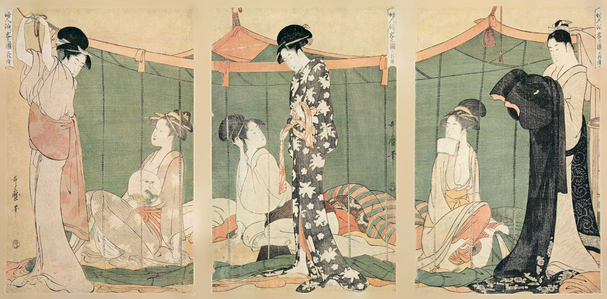 Women and Overnight Guests by Kitagawa Utamaro — Women prepare a mosquito net for overnight guests