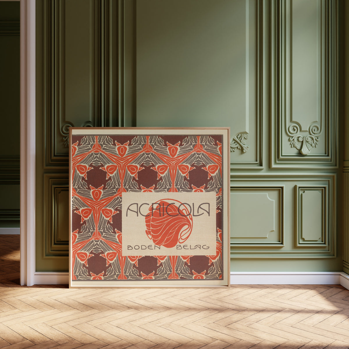 Agricola Boden-Belag by Koloman Moser — framed and leaning against olive-green panelling on a herringbone floor