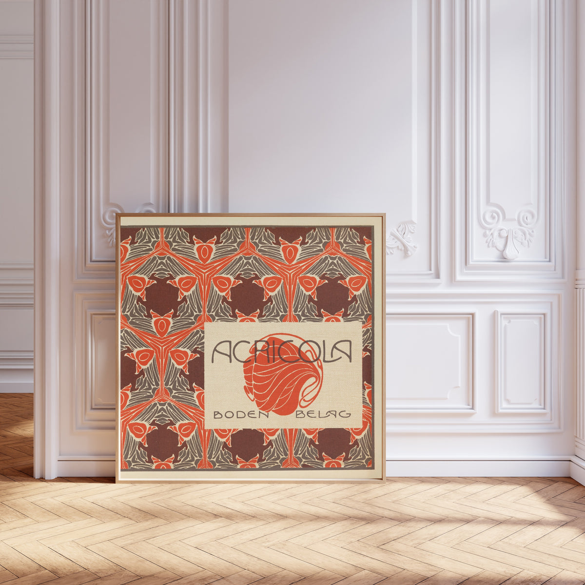 Agricola Boden-Belag by Koloman Moser — framed and leaning against pale pink panelling on a herringbone floor