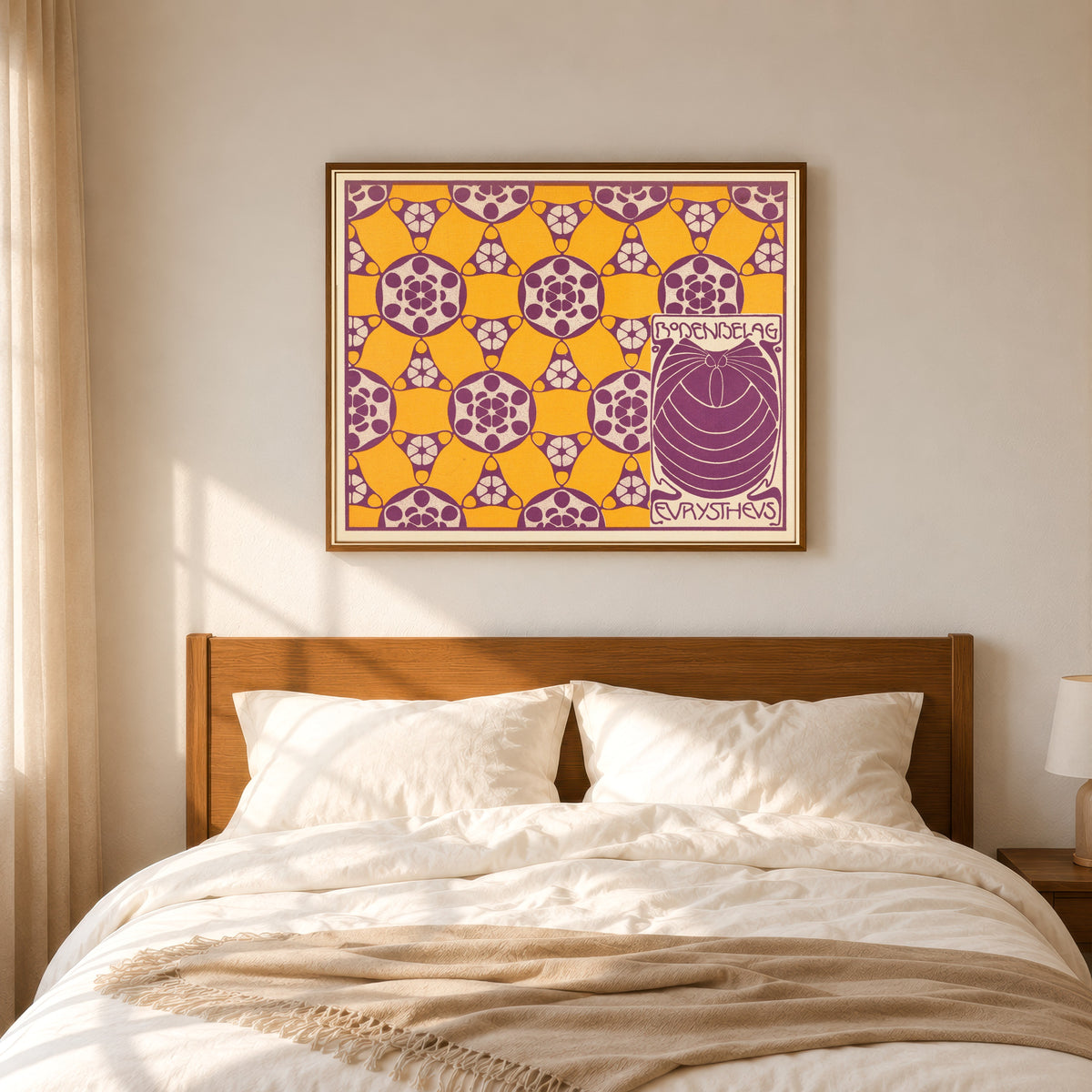 Framed art print of Bodenbelag Eurystheus (Eurystheus Floor Covering) by Koloman Moser, in a slim wood frame above a bed in a sunlit bedroom