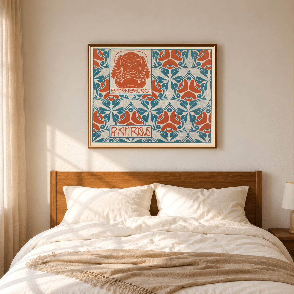 Framed art print of Bodenbelag Phantasus (Phantasus Floor Covering) by Koloman Moser, in a slim wood frame above a bed in a sunlit bedroom