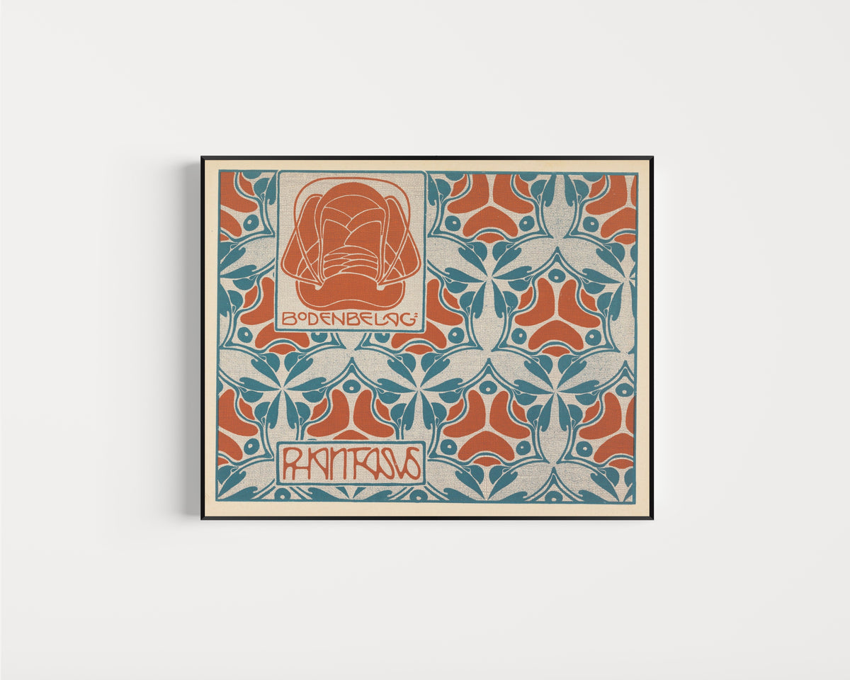 Framed art print of Bodenbelag Phantasus (Phantasus Floor Covering) by Koloman Moser, in a slim black frame on a plain white wall