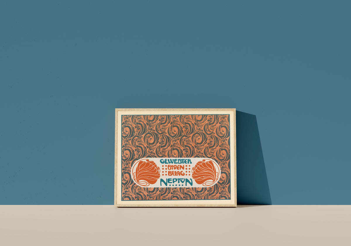 Framed art print of Gewebter Bodenbelag Neptun (Neptune Woven Floor Covering) by Koloman Moser, in a light wood frame leaning on a blue wall