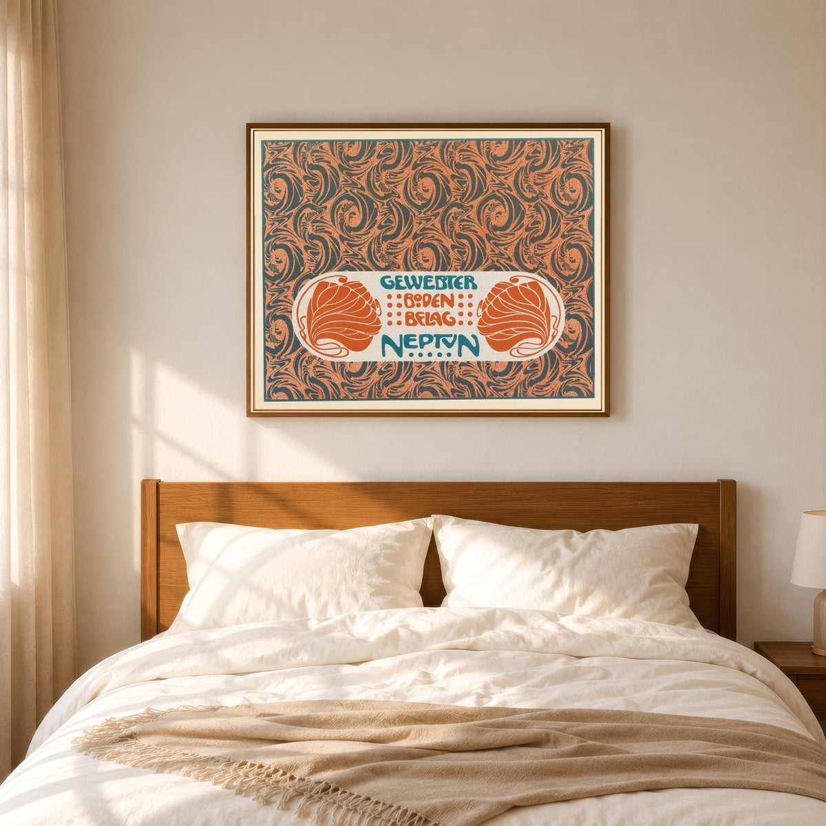 Framed art print of Gewebter Bodenbelag Neptun (Neptune Woven Floor Covering) by Koloman Moser, in a slim wood frame above a bed in a sunlit bedroom