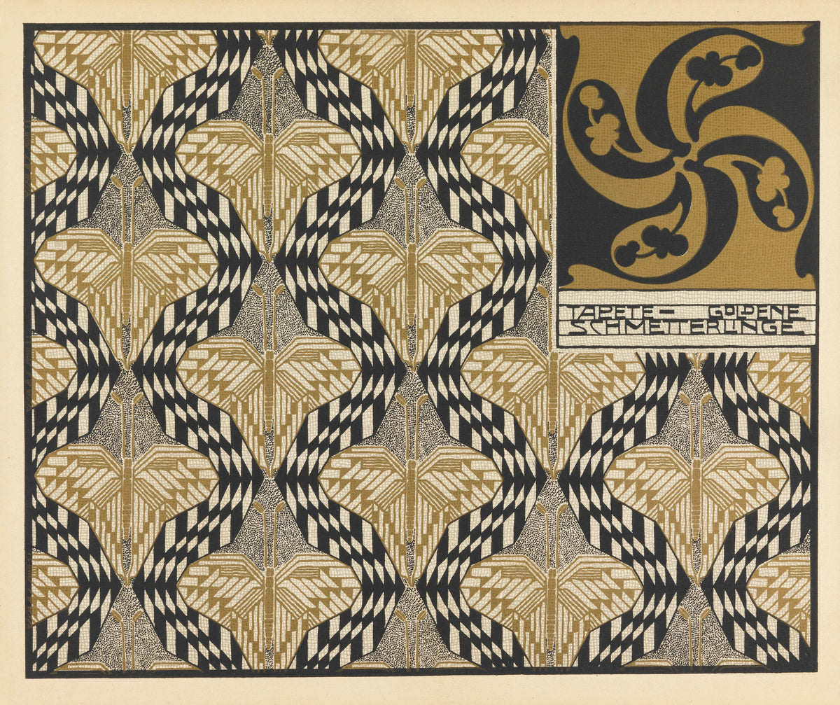 Golden Butterfly Wallpaper by Koloman Moser — gold and black butterfly repeat beside a swirling title panel