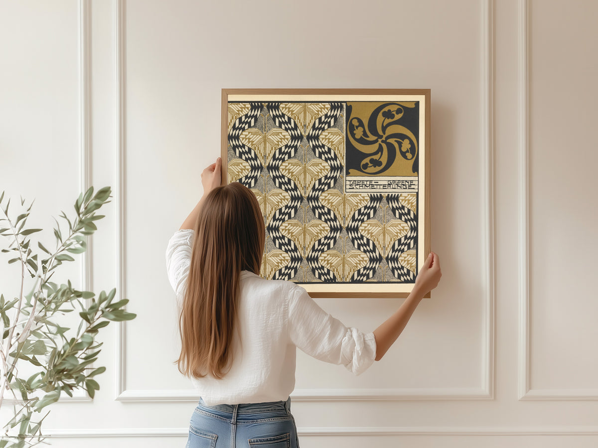 Golden Butterfly Wallpaper by Koloman Moser — being hung, framed, on a panelled wall