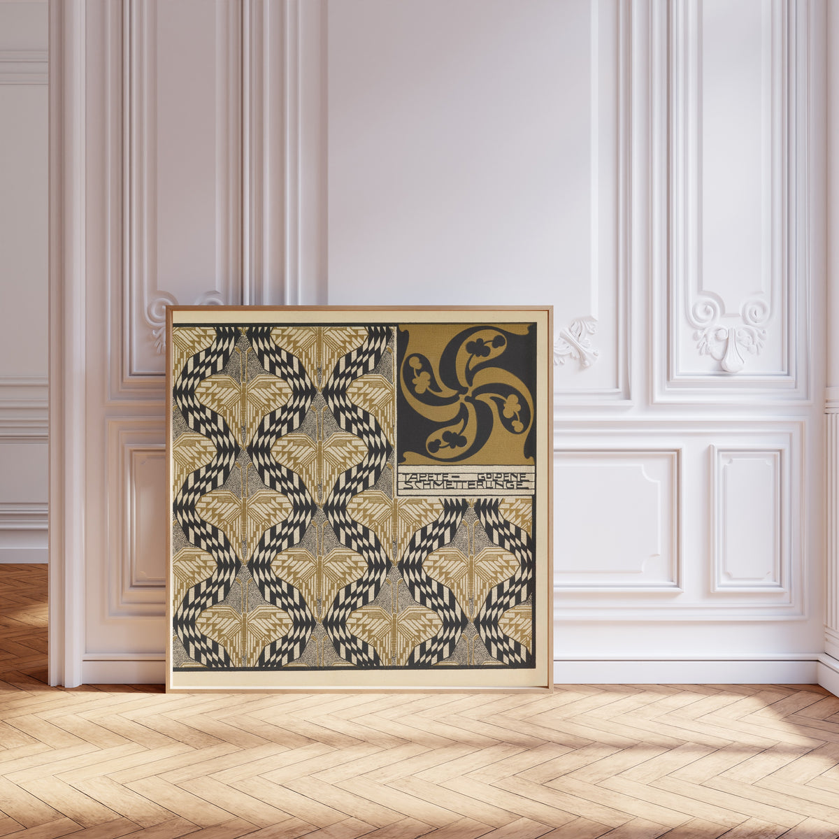 Golden Butterfly Wallpaper by Koloman Moser — framed and leaning against pale pink panelling on a herringbone floor
