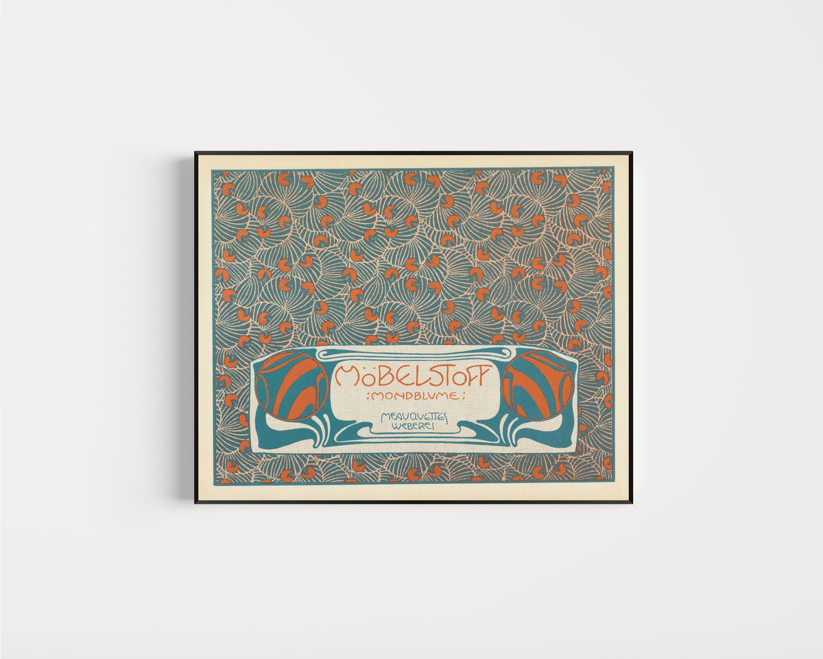 Framed art print of Möbelstoff Mondblume (Moon Blossom Woven Upholstery Fabric) by Koloman Moser, in a slim black frame on a plain white wall