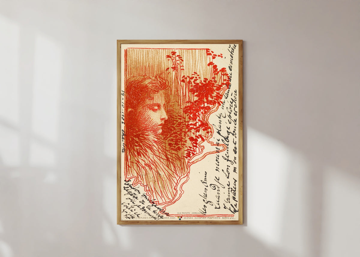 Framed art print of Postcard Sketch by Koloman Moser, in a light wood frame on a sunlit white wall