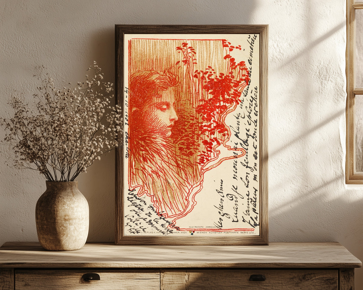 Framed art print of Postcard Sketch by Koloman Moser, in a dark wood frame leaning on a rustic console beside dried flowers