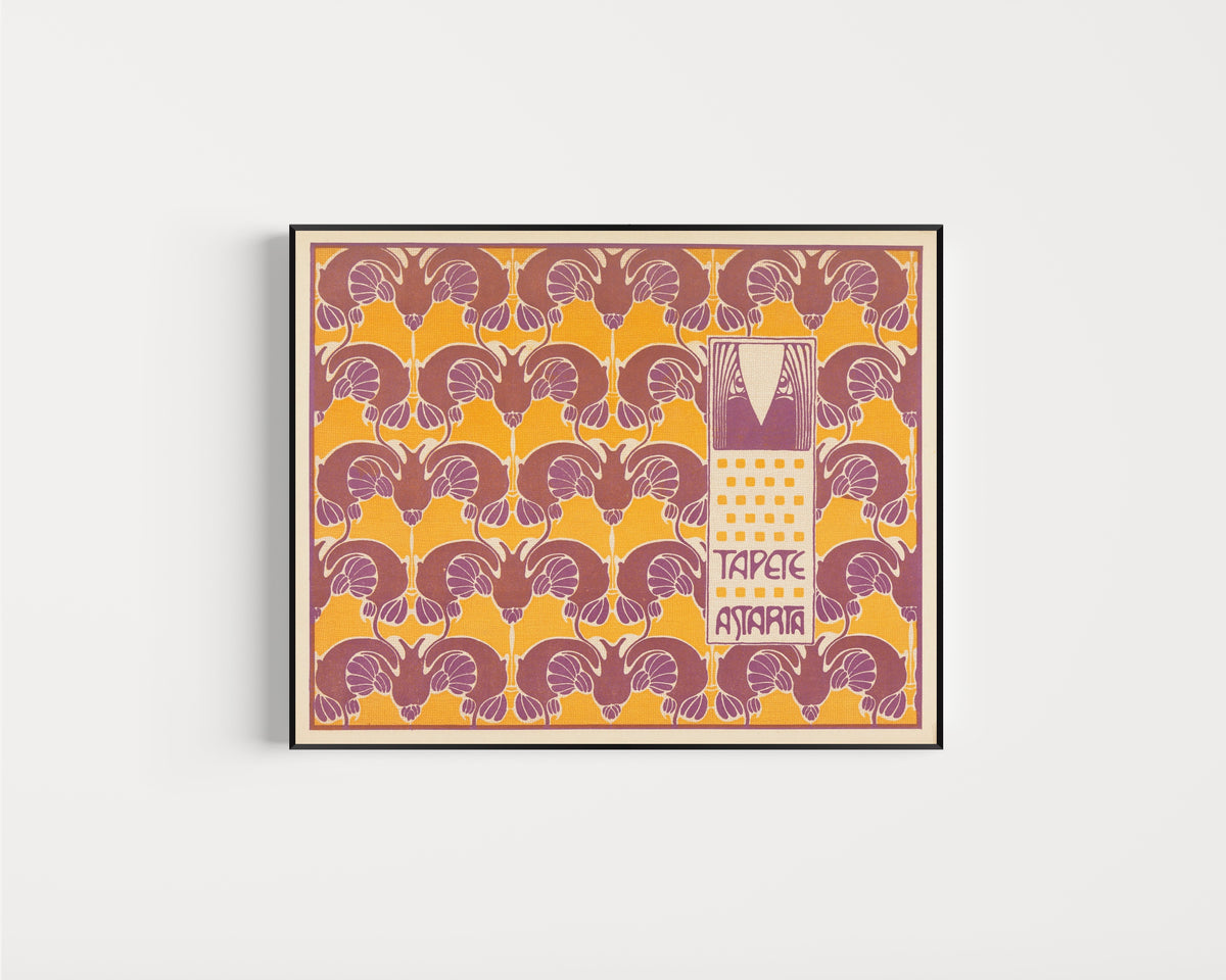Framed art print of Tapete Astarta (Astarta Wallpaper) by Koloman Moser, in a slim black frame on a plain white wall