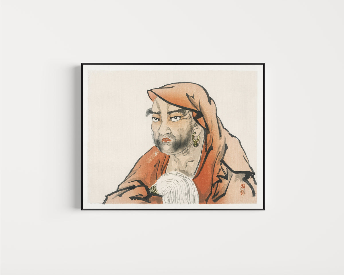 Framed art print of Daruma (Bodhidharma) with a horsetail whisk by Kōno Bairei, in a slim black frame on a plain white wall