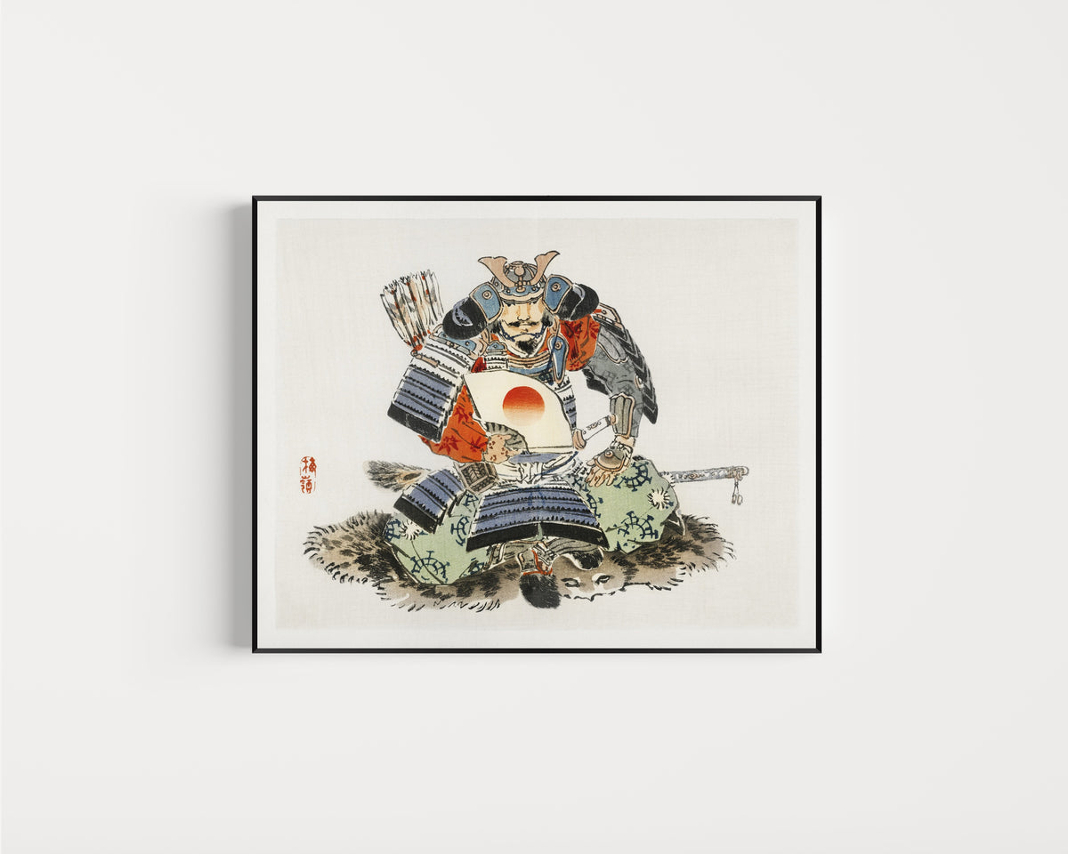 Framed art print of Samurai by Kōno Bairei, in a slim black frame on a plain white wall
