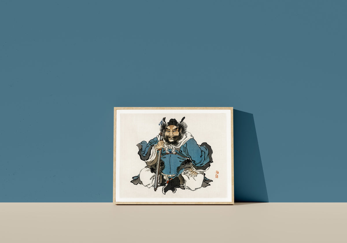 Framed art print of Warrior by Kōno Bairei, in a light wood frame leaning on a blue wall