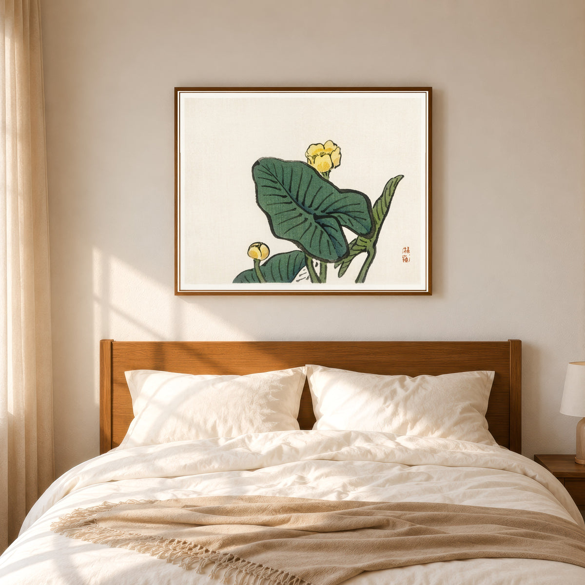 Framed art print of Water-lily (Bairei Gakan) by Kōno Bairei, in a slim wood frame above a bed in a sunlit bedroom