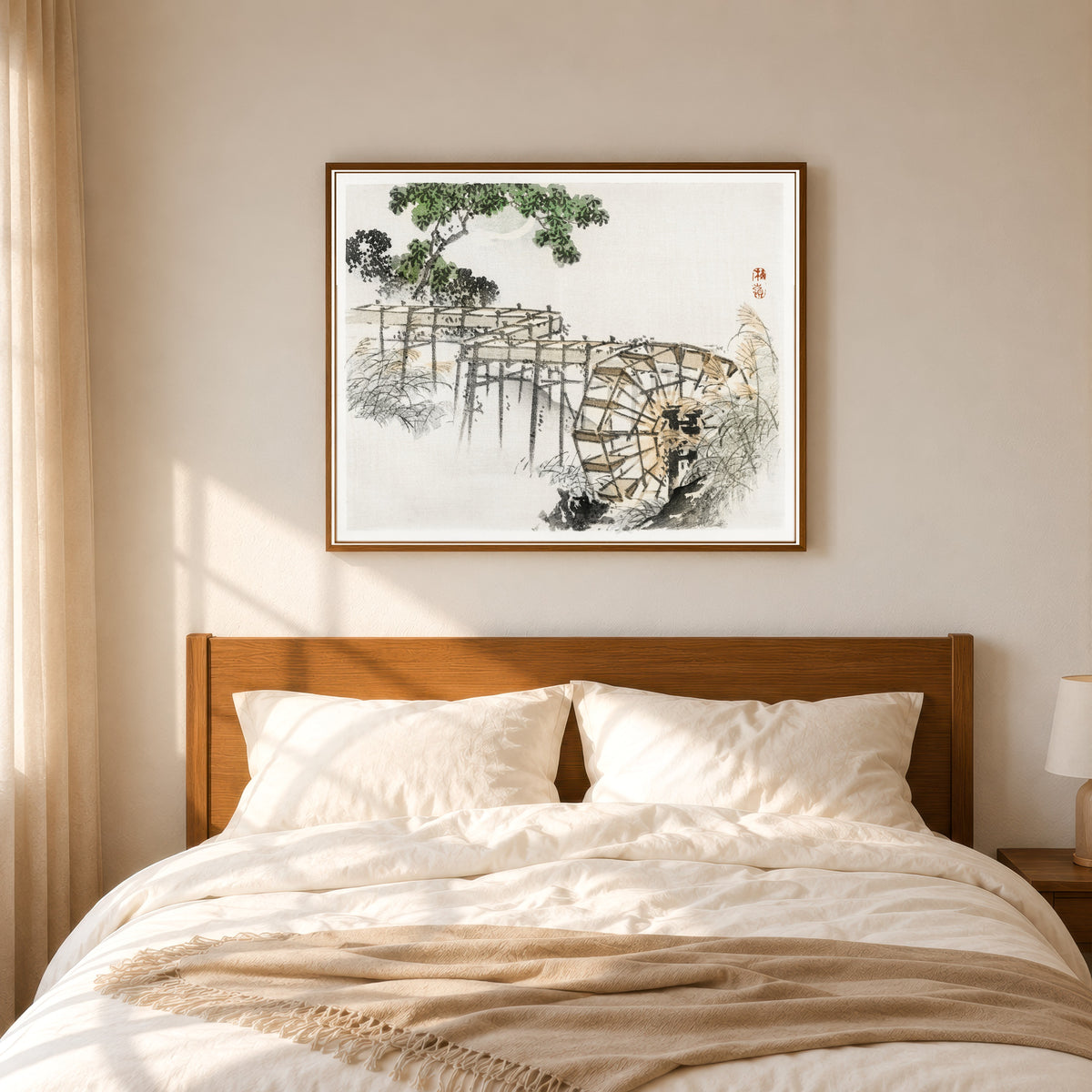 Framed art print of Water wheel (Bairei Gakan) by Kōno Bairei, in a slim wood frame above a bed in a sunlit bedroom