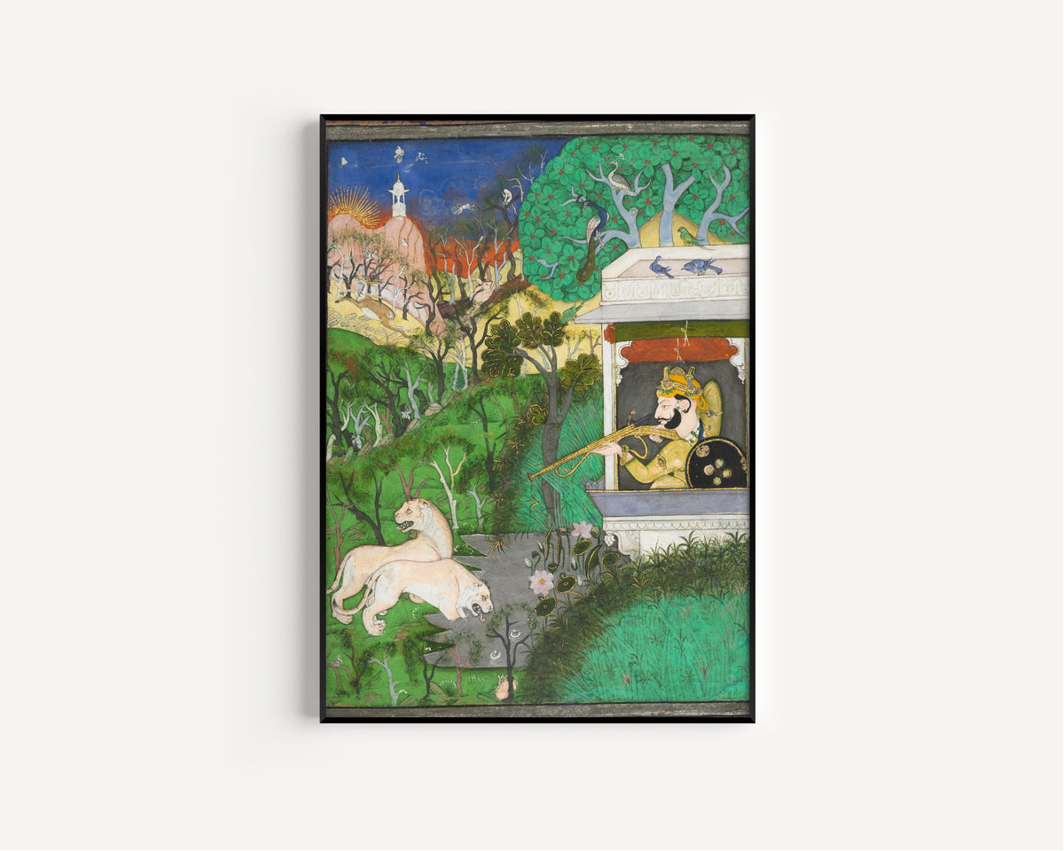 Kota school — Maharaja Chattarsol of Kota Shooting Lions | Indian Miniature Painting Print