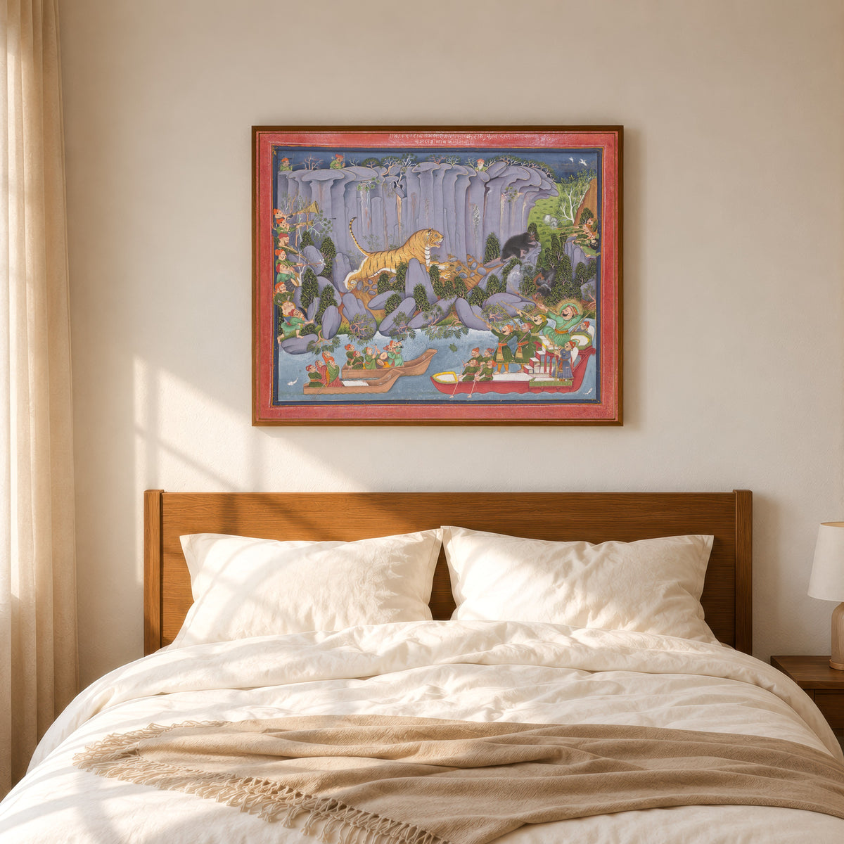 Framed art print of Tiger Hunt of Ram Singh II (Hunting from a Boat) by Kota school, in a slim wood frame above a bed in a sunlit bedroom