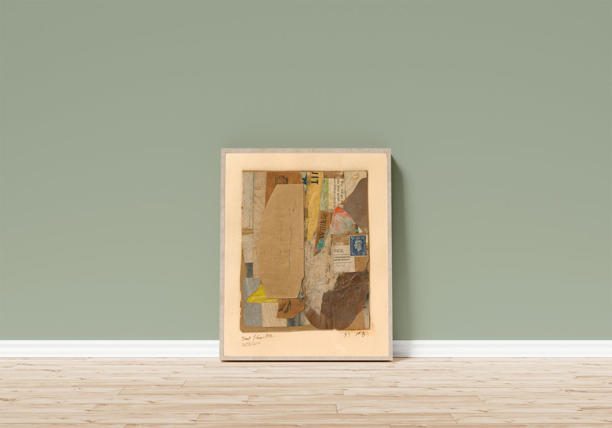 Framed art print of 47 108 Willkie by Kurt Schwitters, in a light wood frame leaning on a sage green wall above a wooden floor