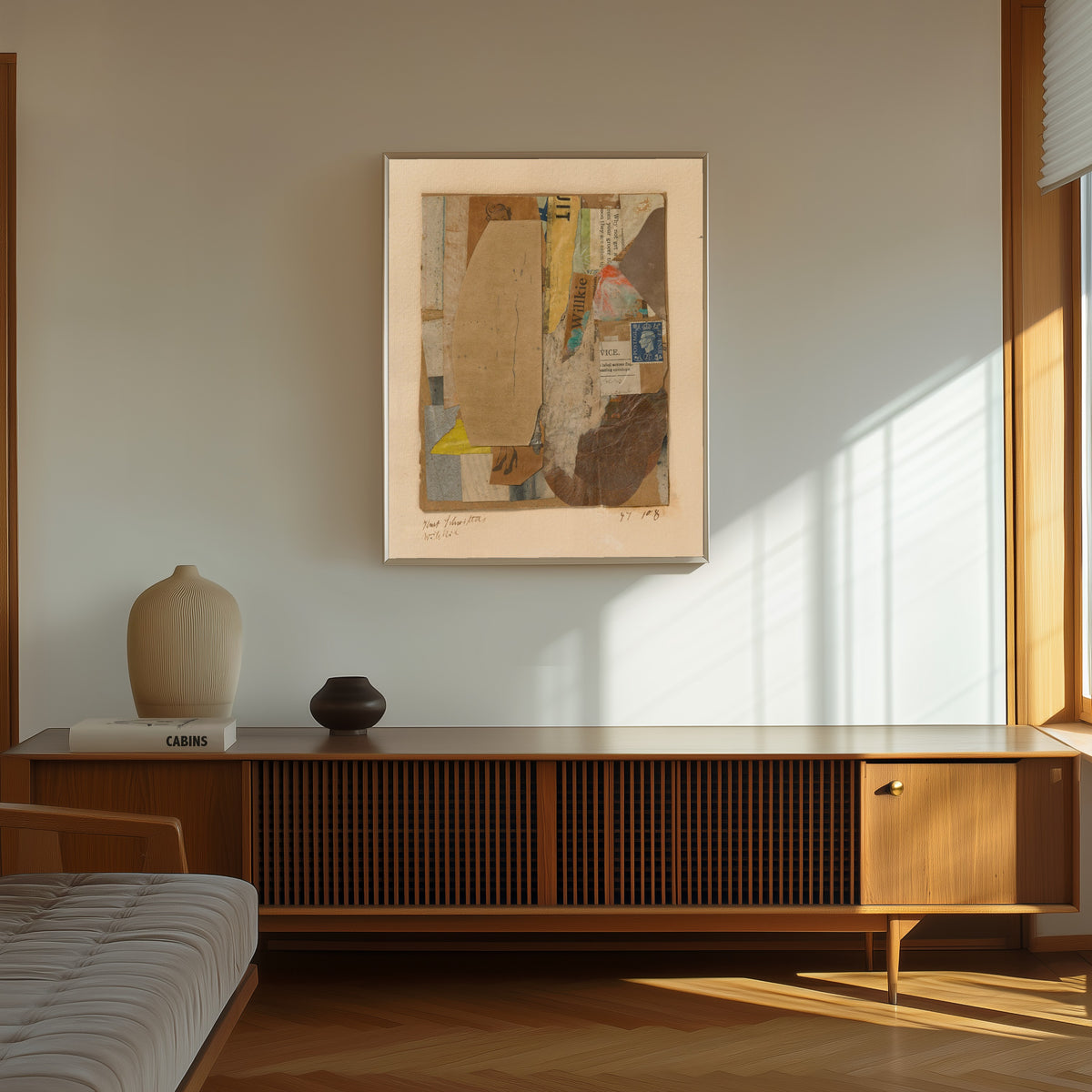 Framed art print of 47 108 Willkie by Kurt Schwitters, in a thin light frame on a sunlit wall above a wooden sideboard