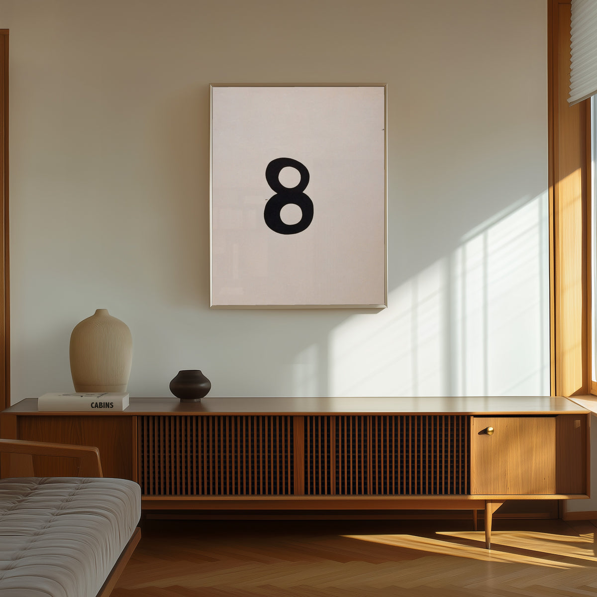 Framed art print of Arabische Acht by Kurt Schwitters, in a thin light frame on a sunlit wall above a wooden sideboard