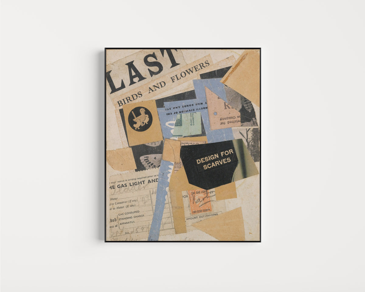 Framed art print of C 50 Last Birds And Flowers by Kurt Schwitters, in a slim black frame on a plain white wall