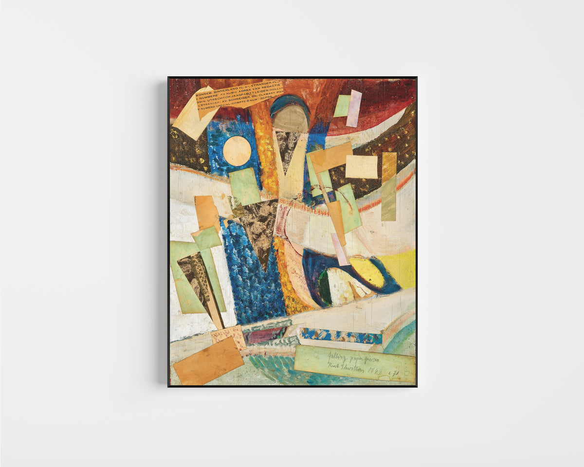 Framed art print of c 71 falling paper pieces by Kurt Schwitters, in a slim black frame on a plain white wall