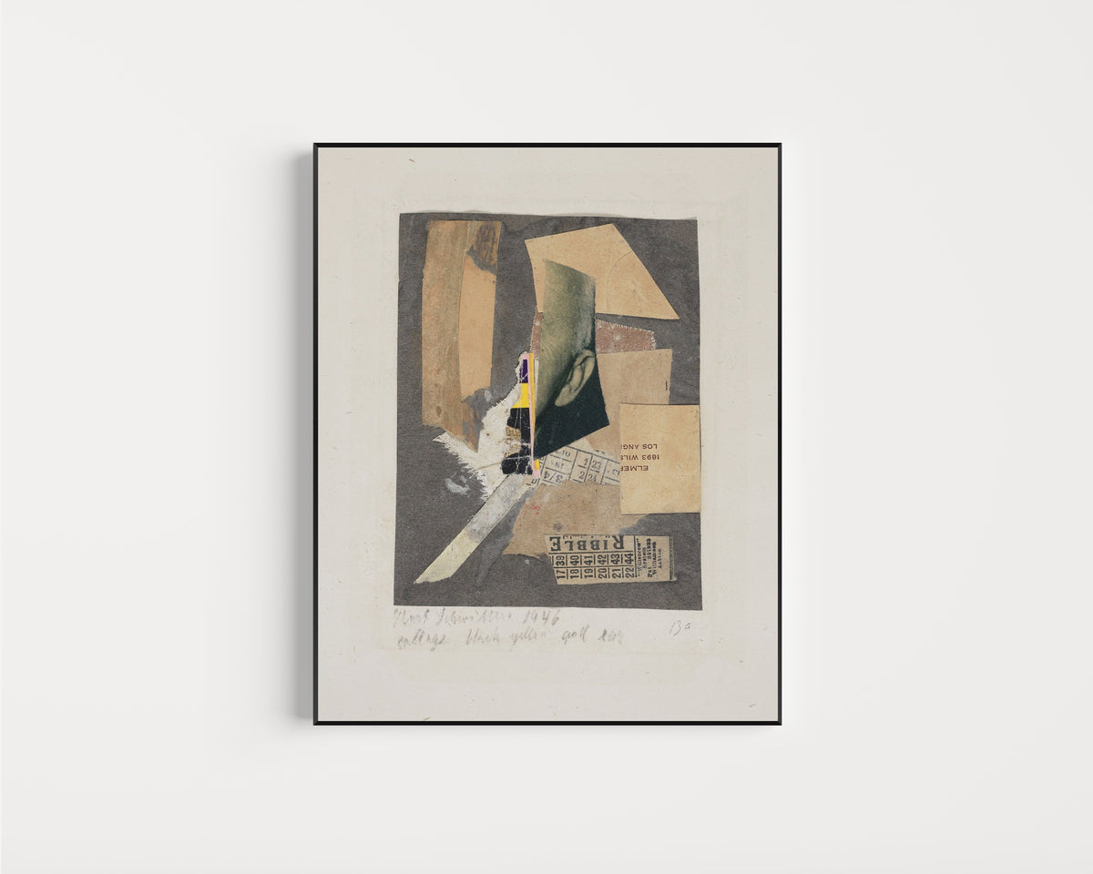 Framed art print of Collage Black Yellow and Ear by Kurt Schwitters, in a slim black frame on a plain white wall