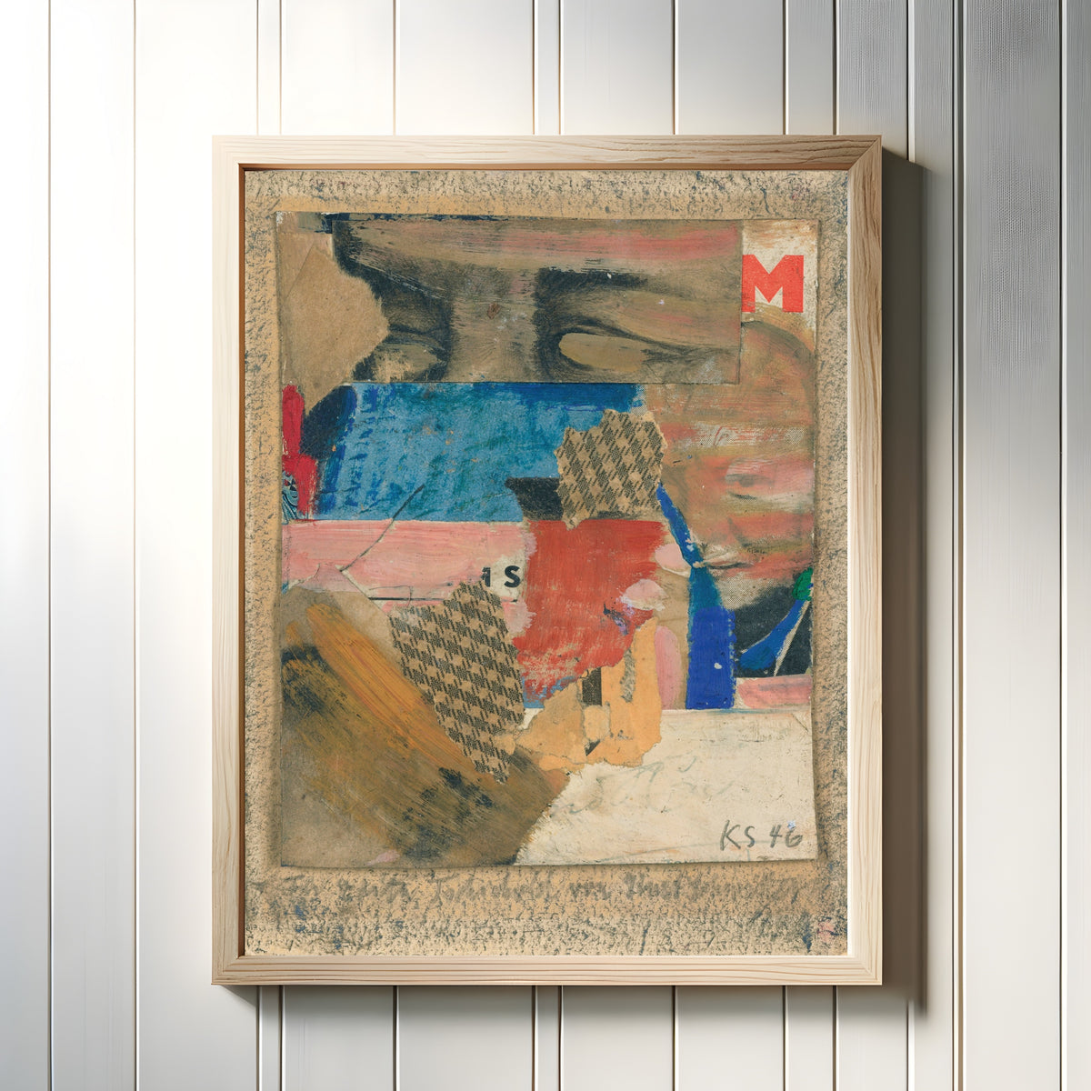 Framed art print of Für Edith Tschichold by Kurt Schwitters, in a light wood frame on a white panelled wall