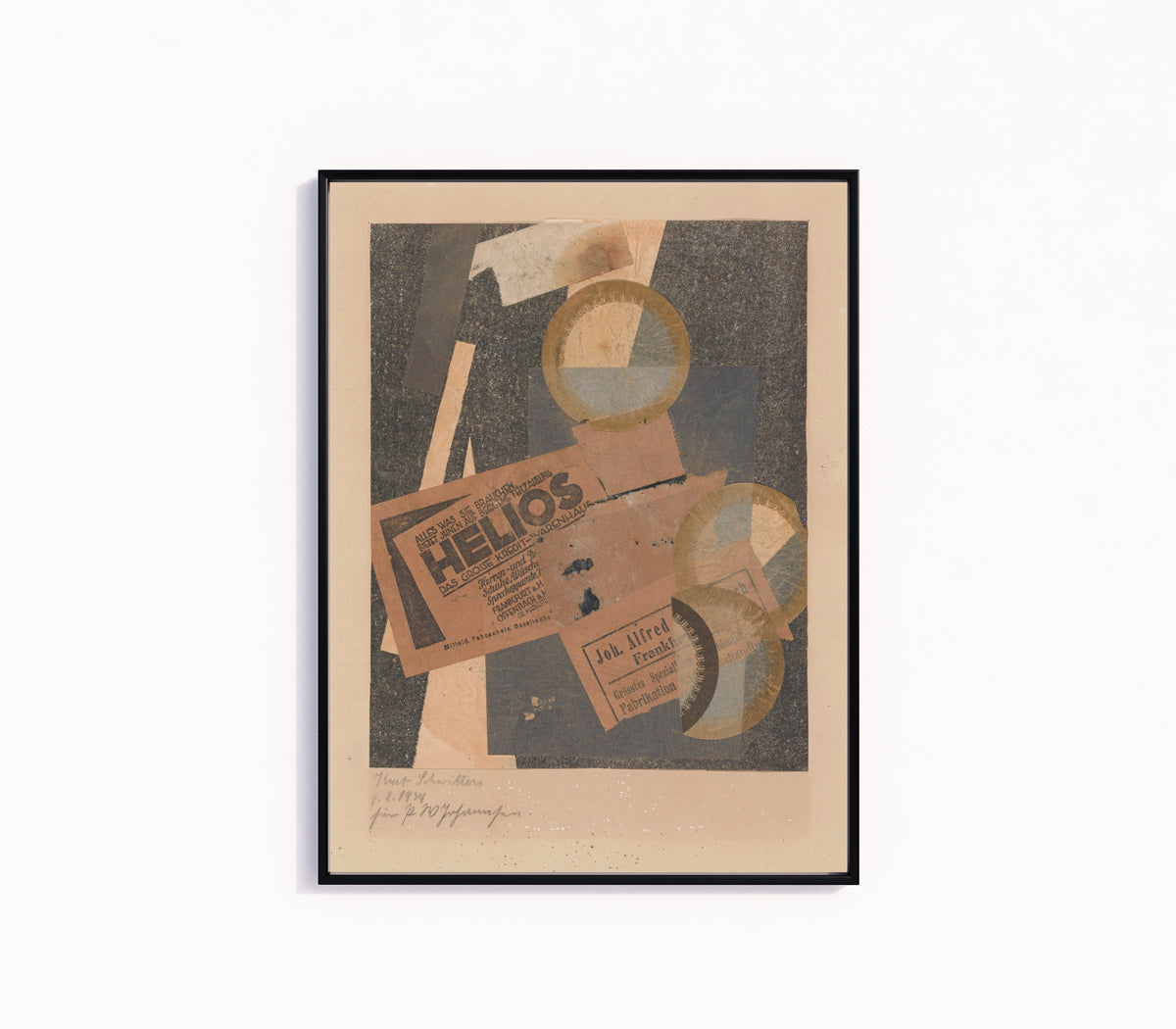 Framed art print of Helios by Kurt Schwitters, in a slim black frame on a plain white wall